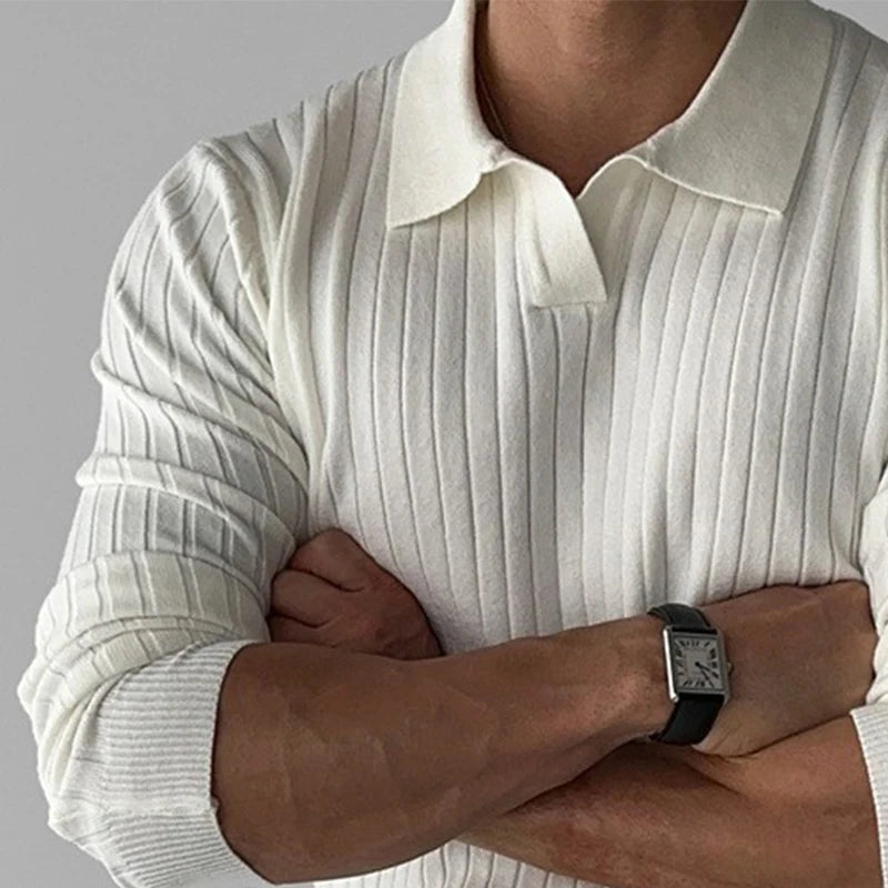 Camisola Polo de Luxo em Malha para Homem: V-Neck e Manga Comprida