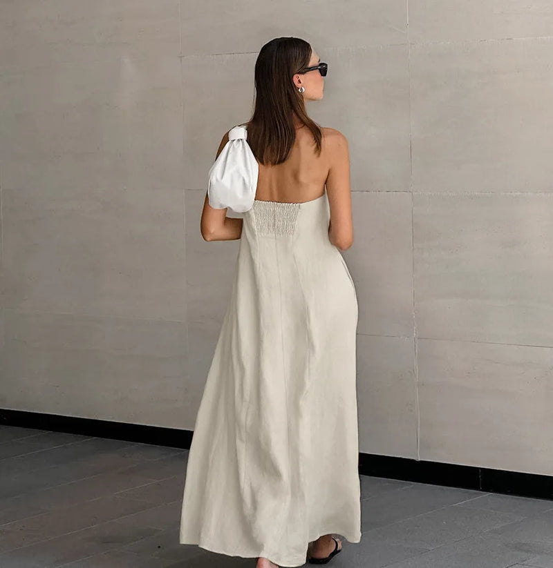 Vestido Longo de Algodão e Linho - Estilo Francês, Sem Alças e Sem Costas, Perfeito para as Férias