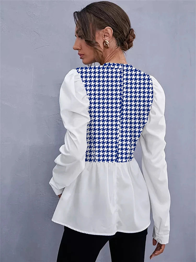 Blusa Feminina Elegante - Estampa Pied-de-Poule, Babados e Mangas Bufantes, Estilo Casual Chic para Escritório!