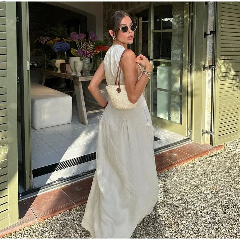 Vestido Maxi Sem Mangas - Decote V, Cintura Alta e Plissado, Elegância Slim para o Verão e Escritório!