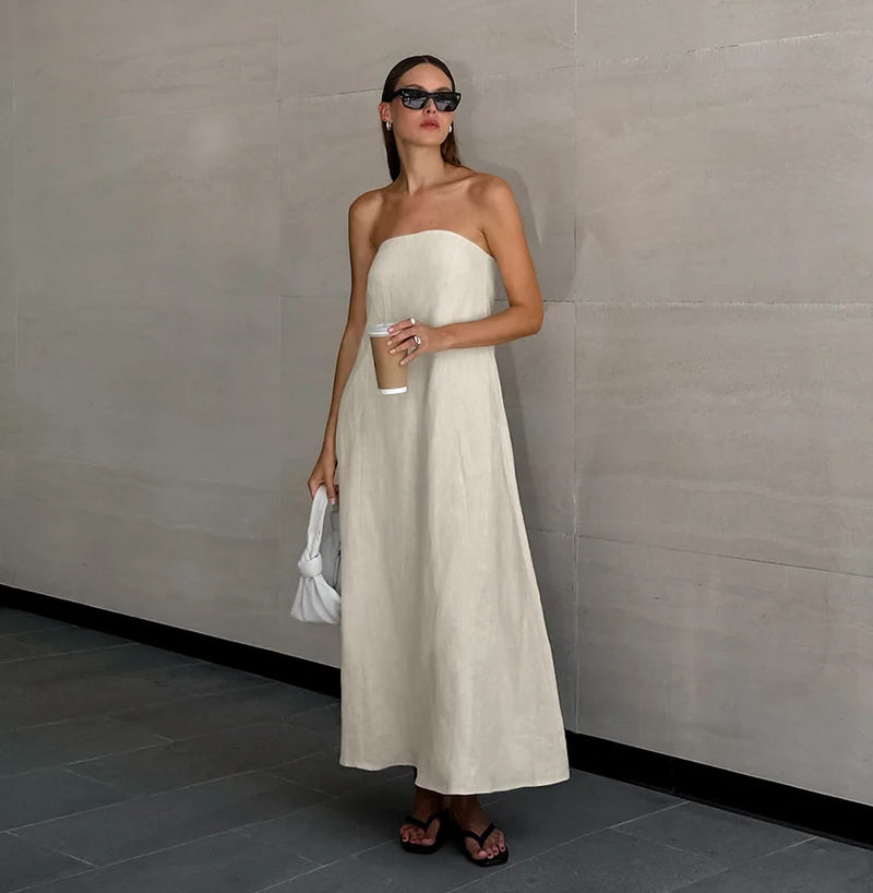 Vestido Longo de Algodão e Linho - Estilo Francês, Sem Alças e Sem Costas, Perfeito para as Férias